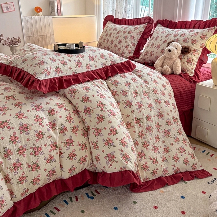 91家纺网 家纺一手货源 找家纺 （总）铠畅 2026春夏新款 锦朵系列韩版水洗棉小清新古棉床盖四件套