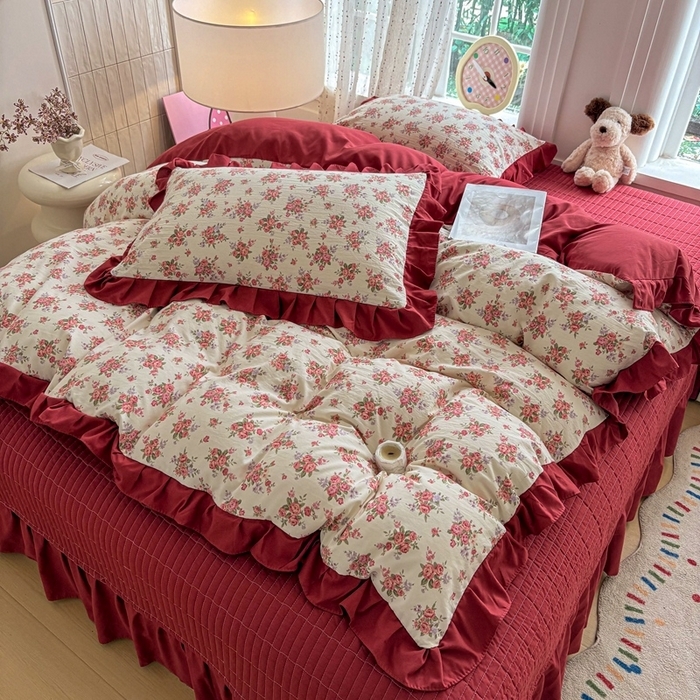 91家纺网 家纺一手货源 找家纺 （总）铠畅 2026春夏新款 锦朵系列韩版水洗棉小清新古棉床盖四件套