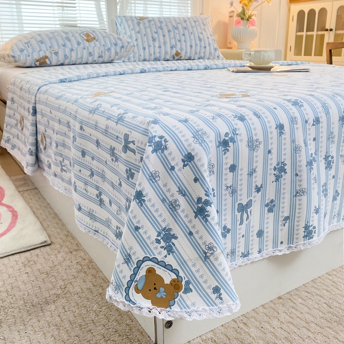 91家纺网 家纺一手货源 找家纺 首爱家纺2025新款花边款老粗布床单兰花熊