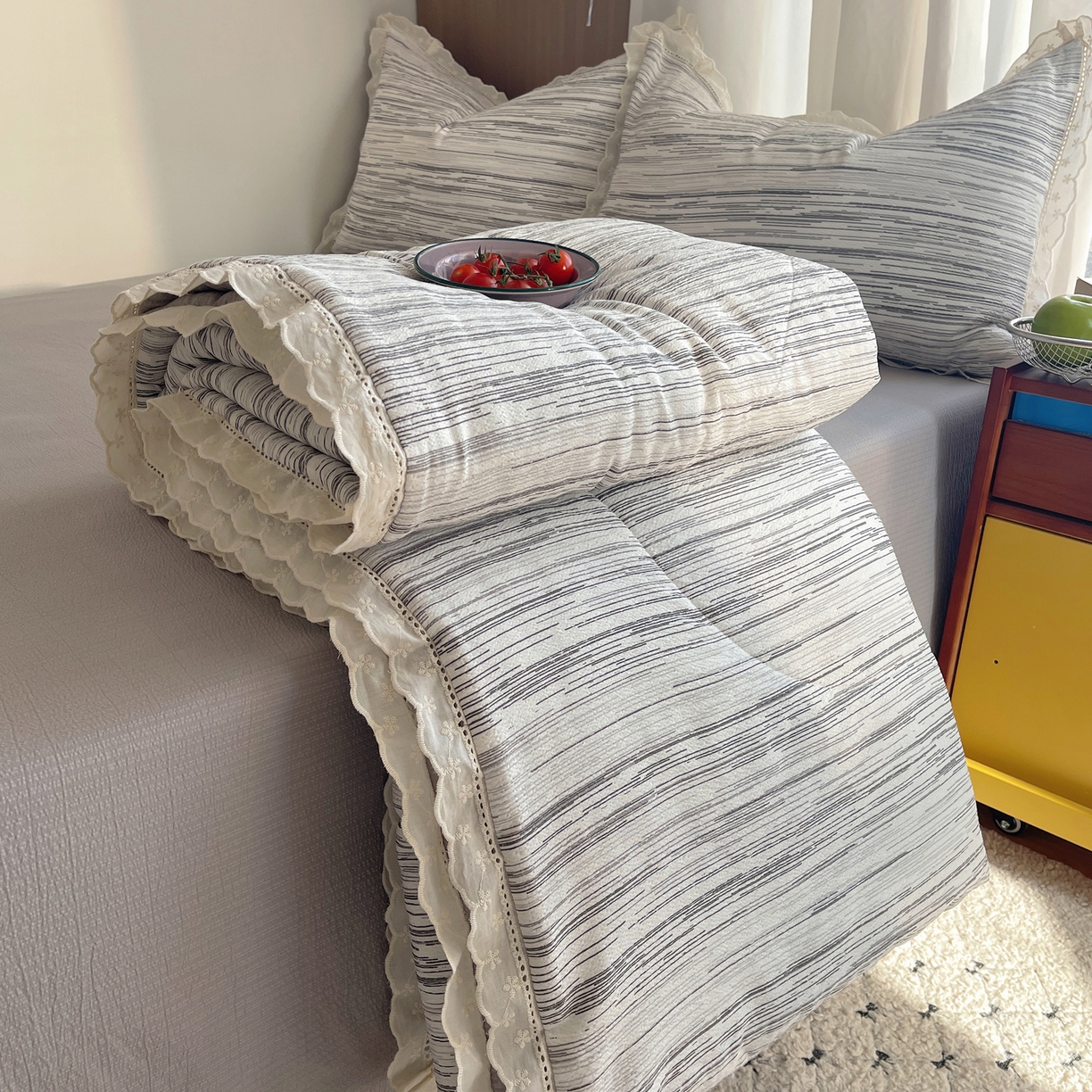 91家纺网 家纺一手货源 找家纺 （总）梵克保罗 2026春夏新款全棉纯棉花边皱皱纱单夏被夏凉被空调被夏被四件套