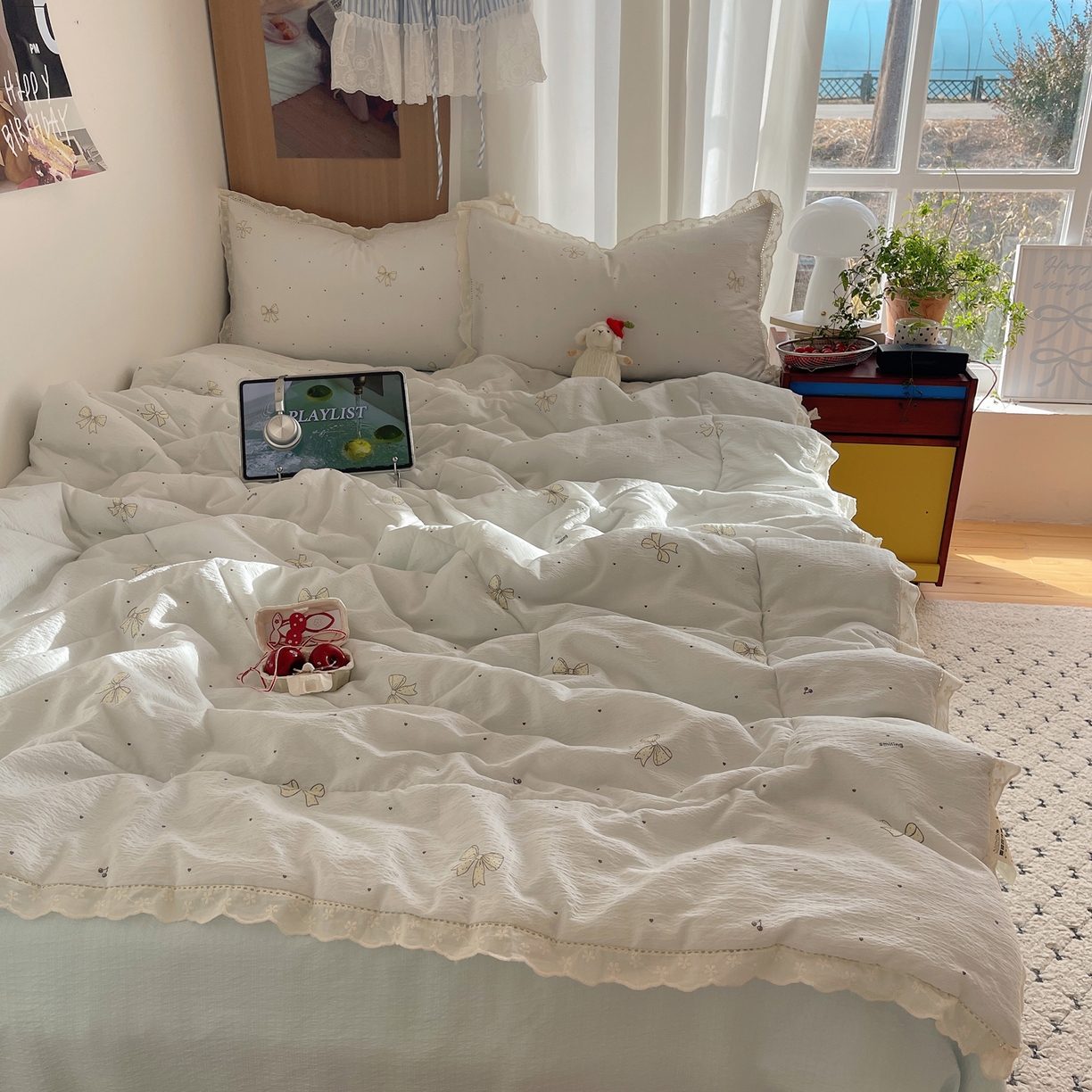 91家纺网 家纺一手货源 找家纺 梵克保罗 2026春夏新款全棉纯棉花边皱皱纱单夏被夏凉被空调被夏被四件套 波点结心