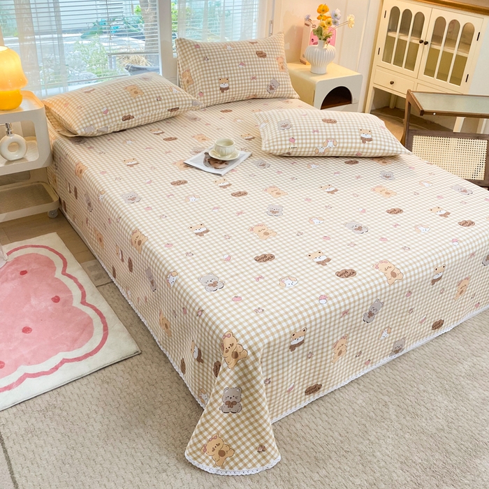 91家纺网 家纺一手货源 找家纺 棉乐町2025新款花边款老粗布床单小熊宝宝