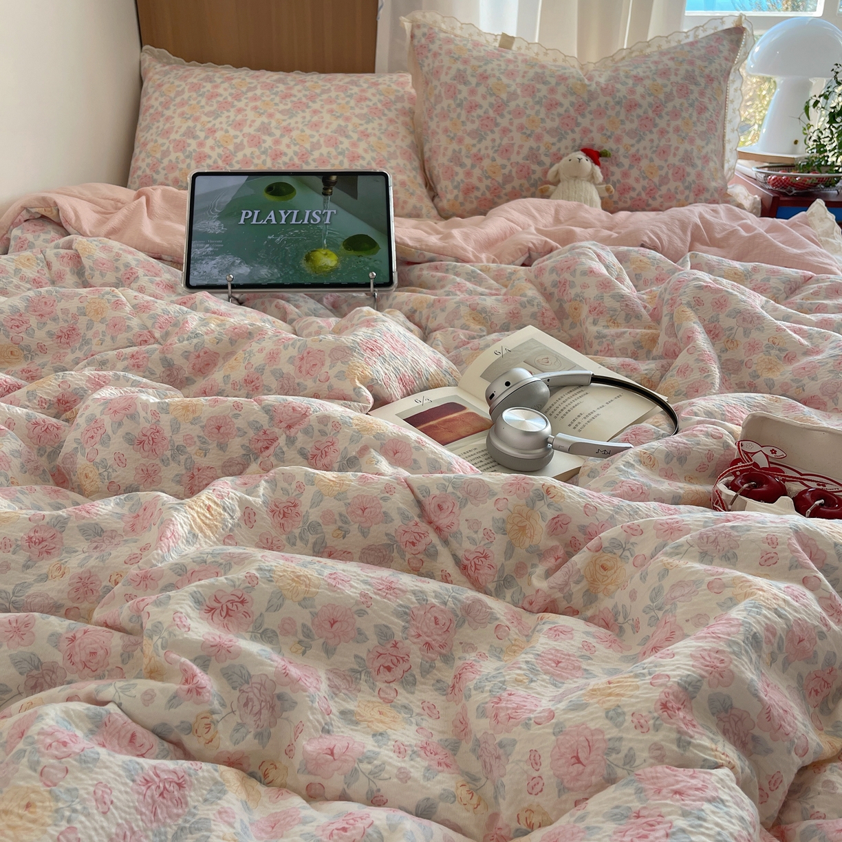 91家纺网 家纺一手货源 找家纺 梵克保罗 2026春夏新款全棉纯棉花边皱皱纱单夏被夏凉被空调被夏被四件套 粉黛蔷薇