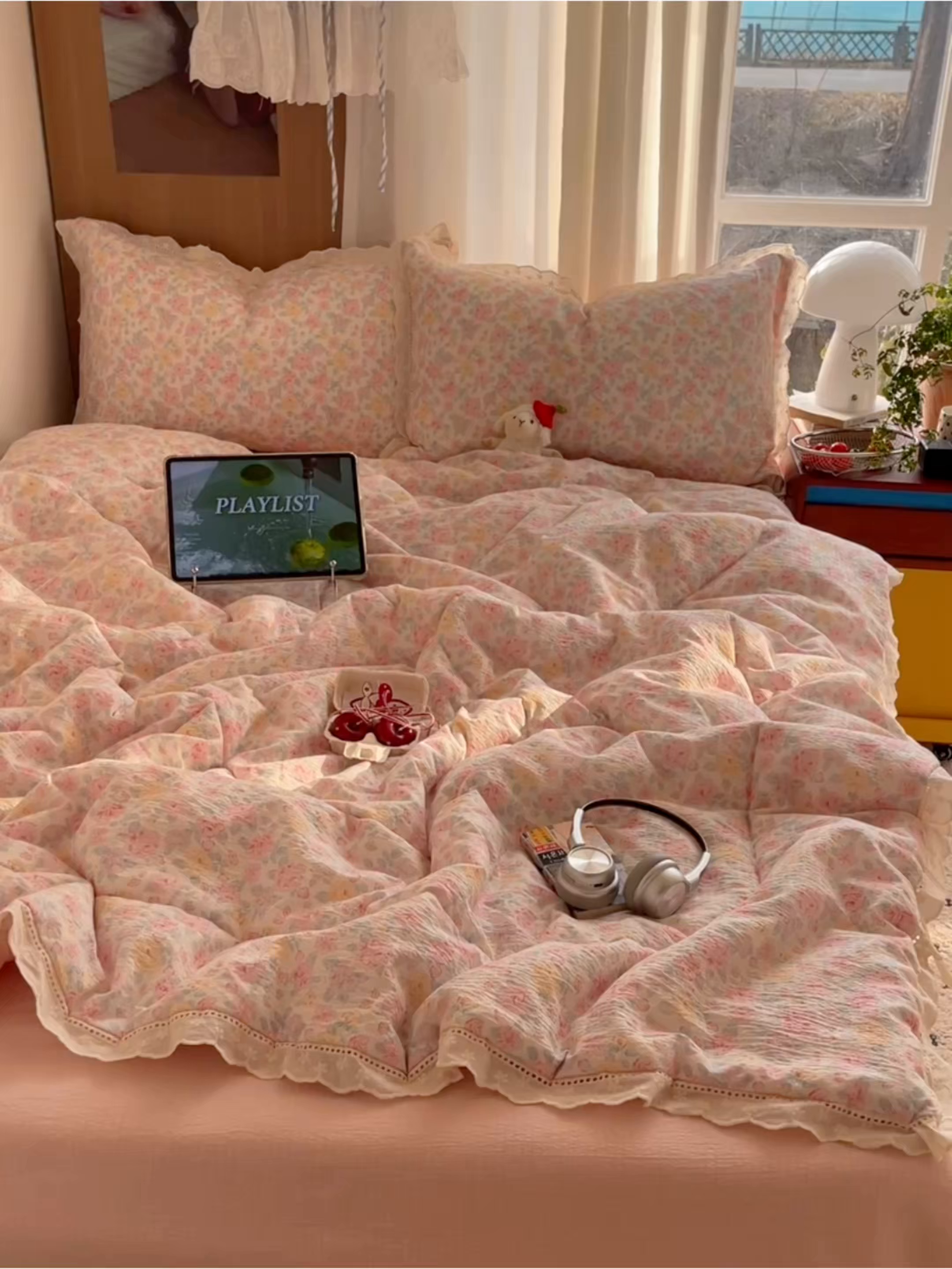 91家纺网 家纺一手货源 找家纺 梵克保罗 2026春夏新款全棉纯棉花边皱皱纱单夏被夏凉被空调被夏被四件套 粉黛蔷薇