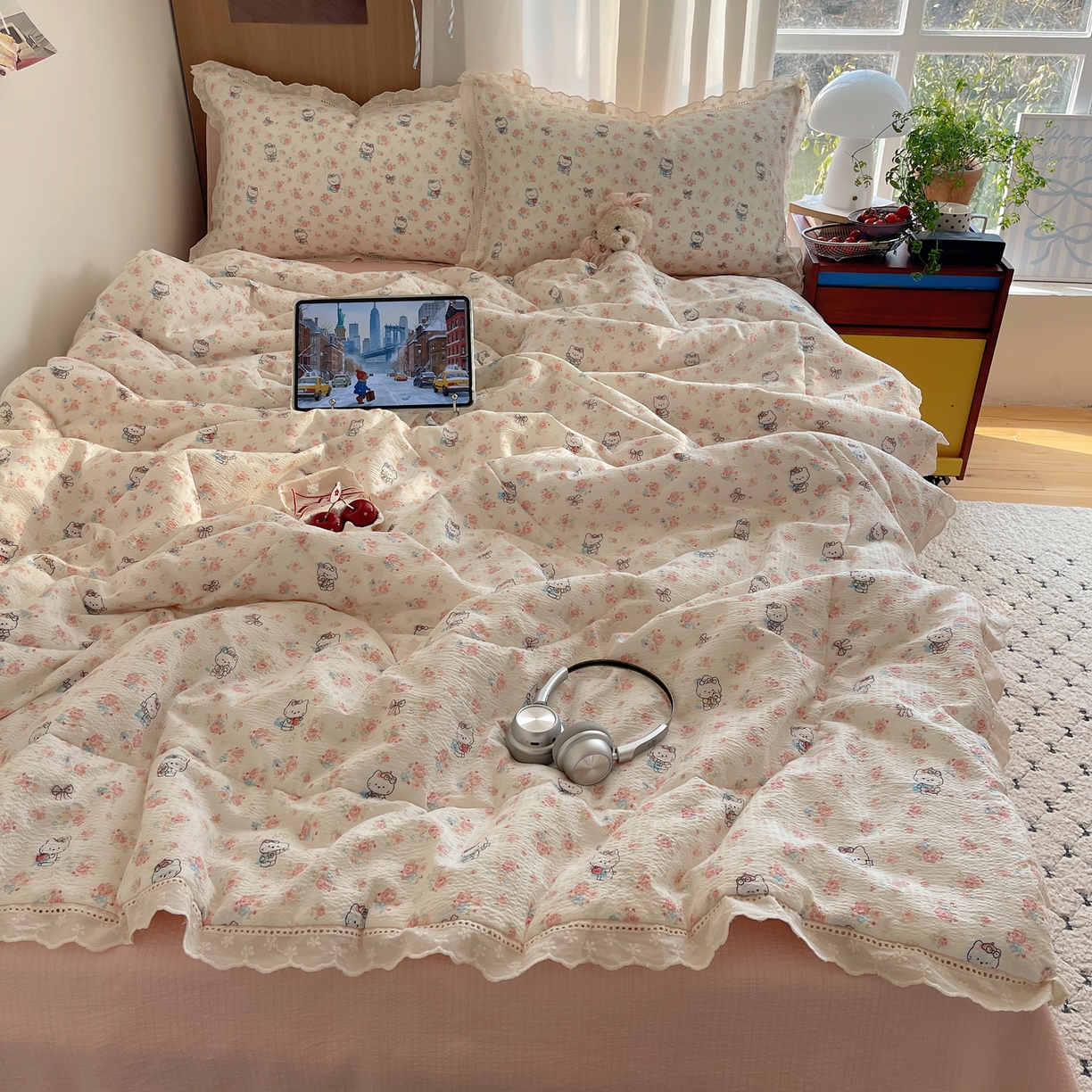 91家纺网 家纺一手货源 找家纺 梵克保罗 2026春夏新款全棉纯棉花边皱皱纱单夏被夏凉被空调被夏被四件套 花样KT