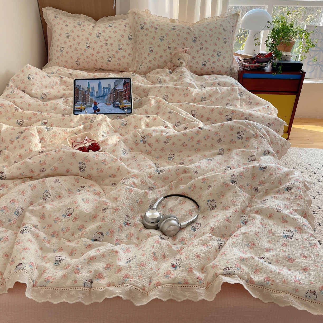 91家纺网 家纺一手货源 找家纺 梵克保罗 2026春夏新款全棉纯棉花边皱皱纱单夏被夏凉被空调被夏被四件套 花样KT