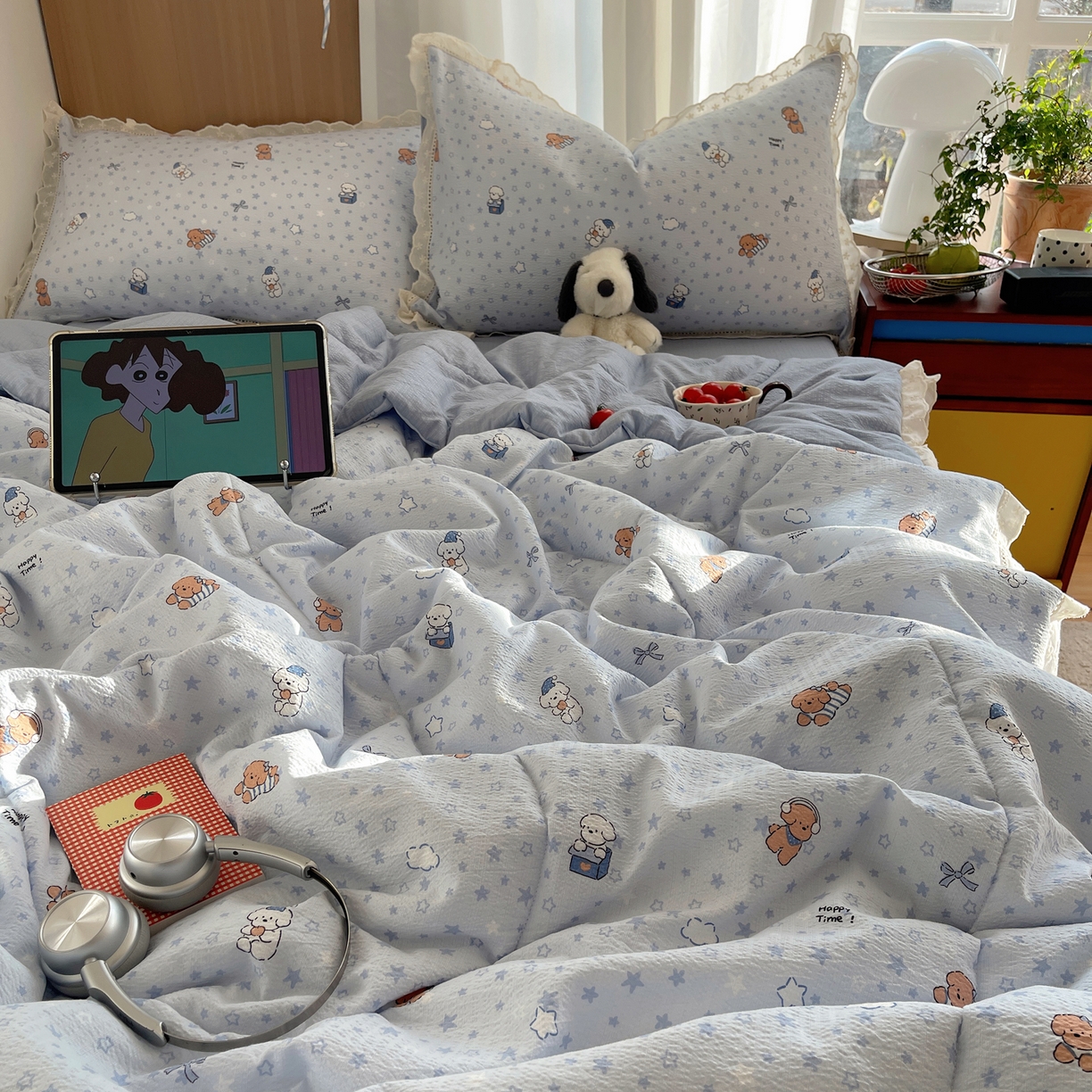 91家纺网 家纺一手货源 找家纺 梵克保罗 2026春夏新款全棉纯棉花边皱皱纱单夏被夏凉被空调被夏被四件套 蓝星狗