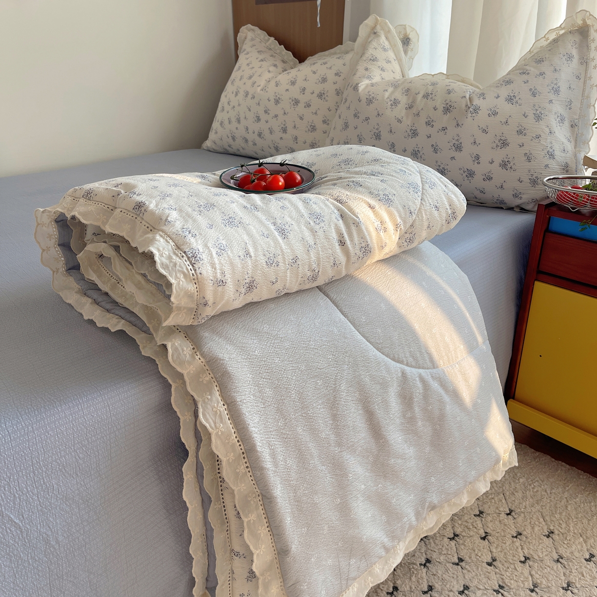 梵克保罗 2026春夏新款全棉纯棉花边皱皱纱单夏被夏凉被空调被夏被四件套 蓝芷序