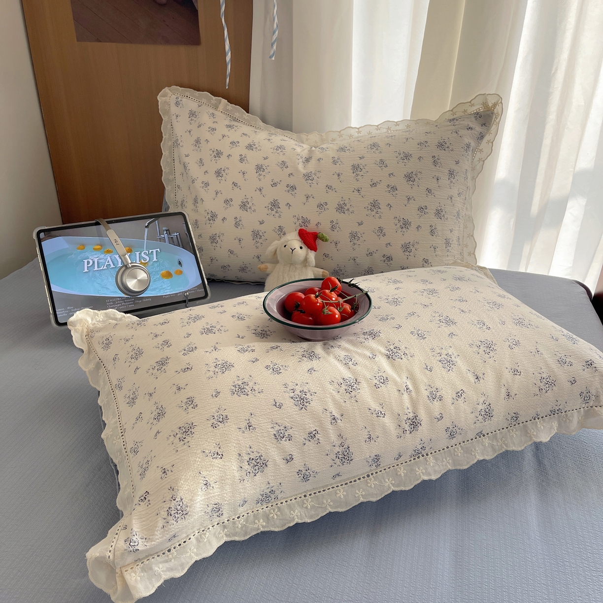 91家纺网 家纺一手货源 找家纺 梵克保罗 2026春夏新款全棉纯棉花边皱皱纱单夏被夏凉被空调被夏被四件套 蓝芷序