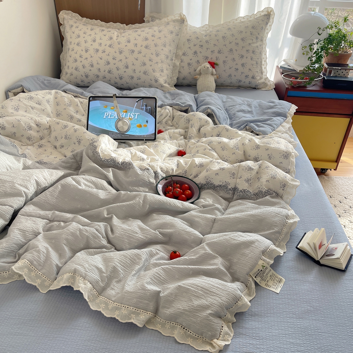 91家纺网 家纺一手货源 找家纺 梵克保罗 2026春夏新款全棉纯棉花边皱皱纱单夏被夏凉被空调被夏被四件套 蓝芷序