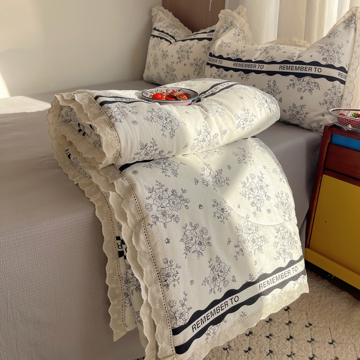 梵克保罗 2026春夏新款全棉纯棉花边皱皱纱单夏被夏凉被空调被夏被四件套 墨序花