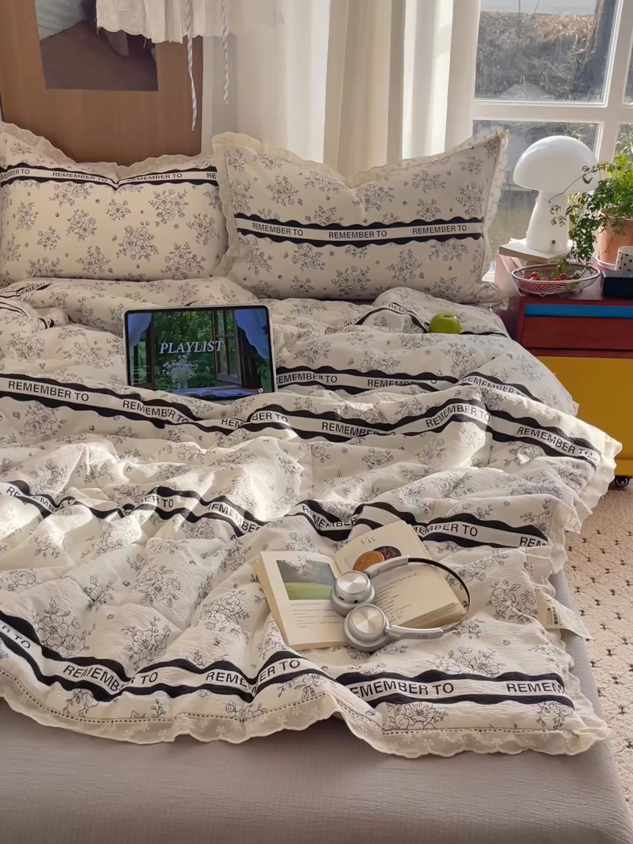 91家纺网 家纺一手货源 找家纺 梵克保罗 2026春夏新款全棉纯棉花边皱皱纱单夏被夏凉被空调被夏被四件套 墨序花