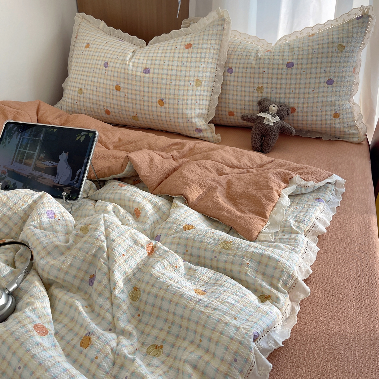 梵克保罗 2026春夏新款全棉纯棉花边皱皱纱单夏被夏凉被空调被夏被四件套 南瓜格