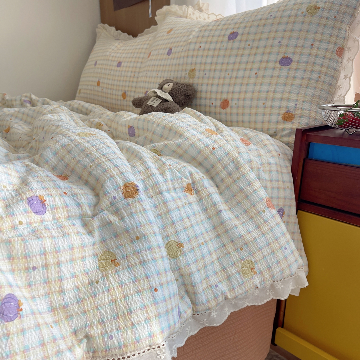 91家纺网 家纺一手货源 找家纺 梵克保罗 2026春夏新款全棉纯棉花边皱皱纱单夏被夏凉被空调被夏被四件套 南瓜格