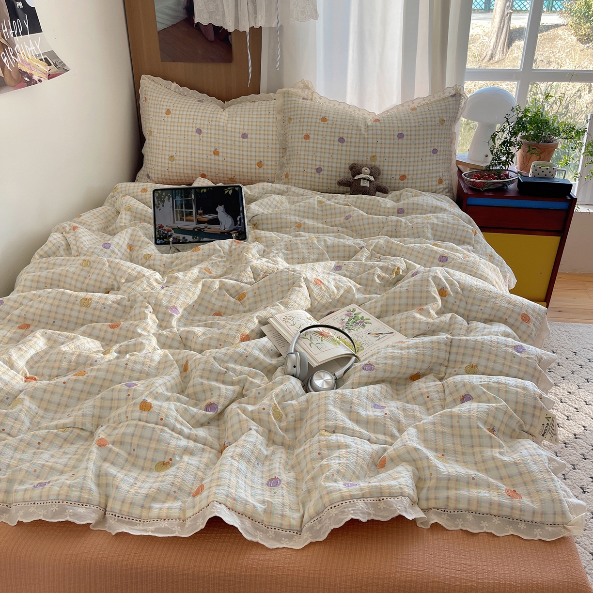 91家纺网 家纺一手货源 找家纺 梵克保罗 2026春夏新款全棉纯棉花边皱皱纱单夏被夏凉被空调被夏被四件套 南瓜格