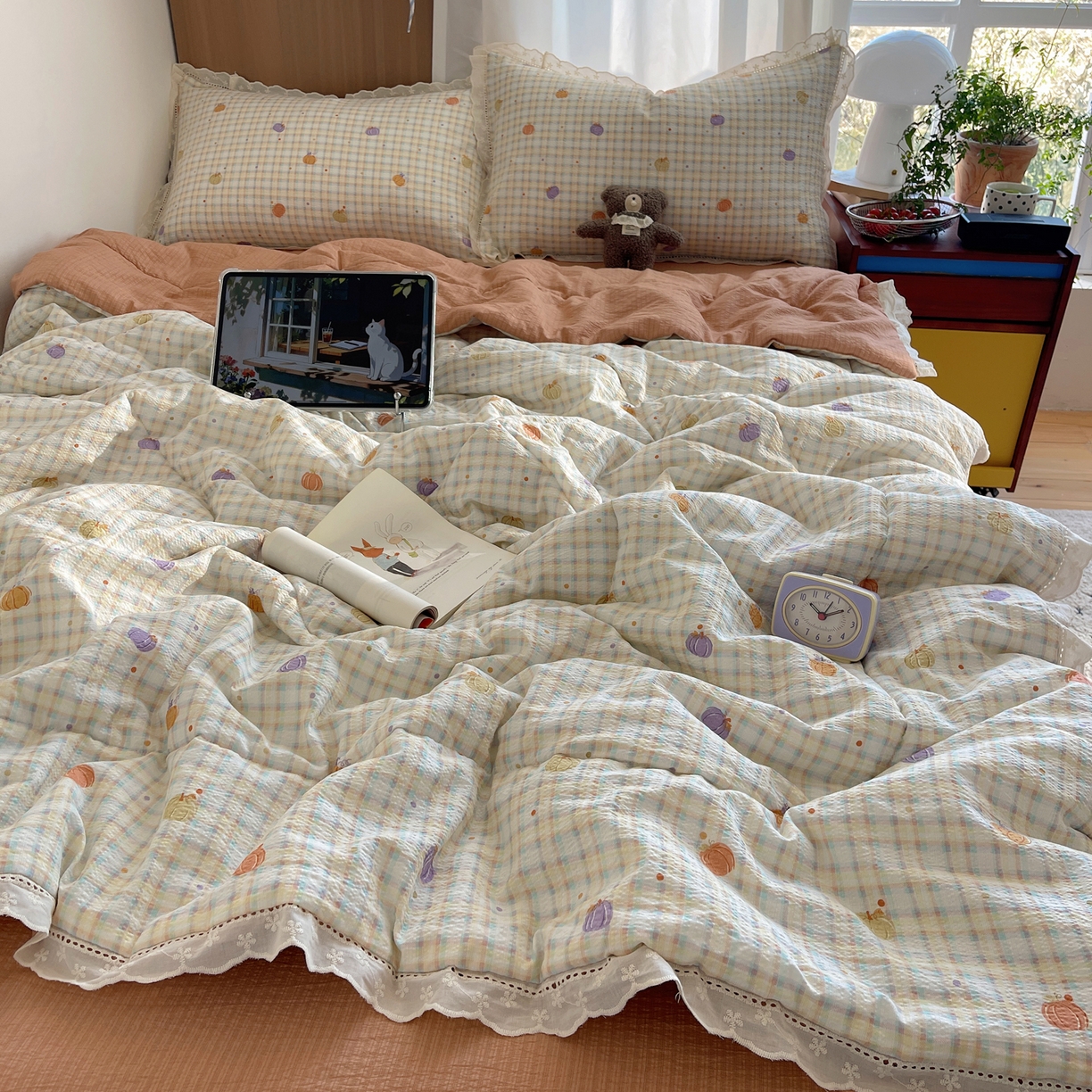 91家纺网 家纺一手货源 找家纺 梵克保罗 2026春夏新款全棉纯棉花边皱皱纱单夏被夏凉被空调被夏被四件套 南瓜格