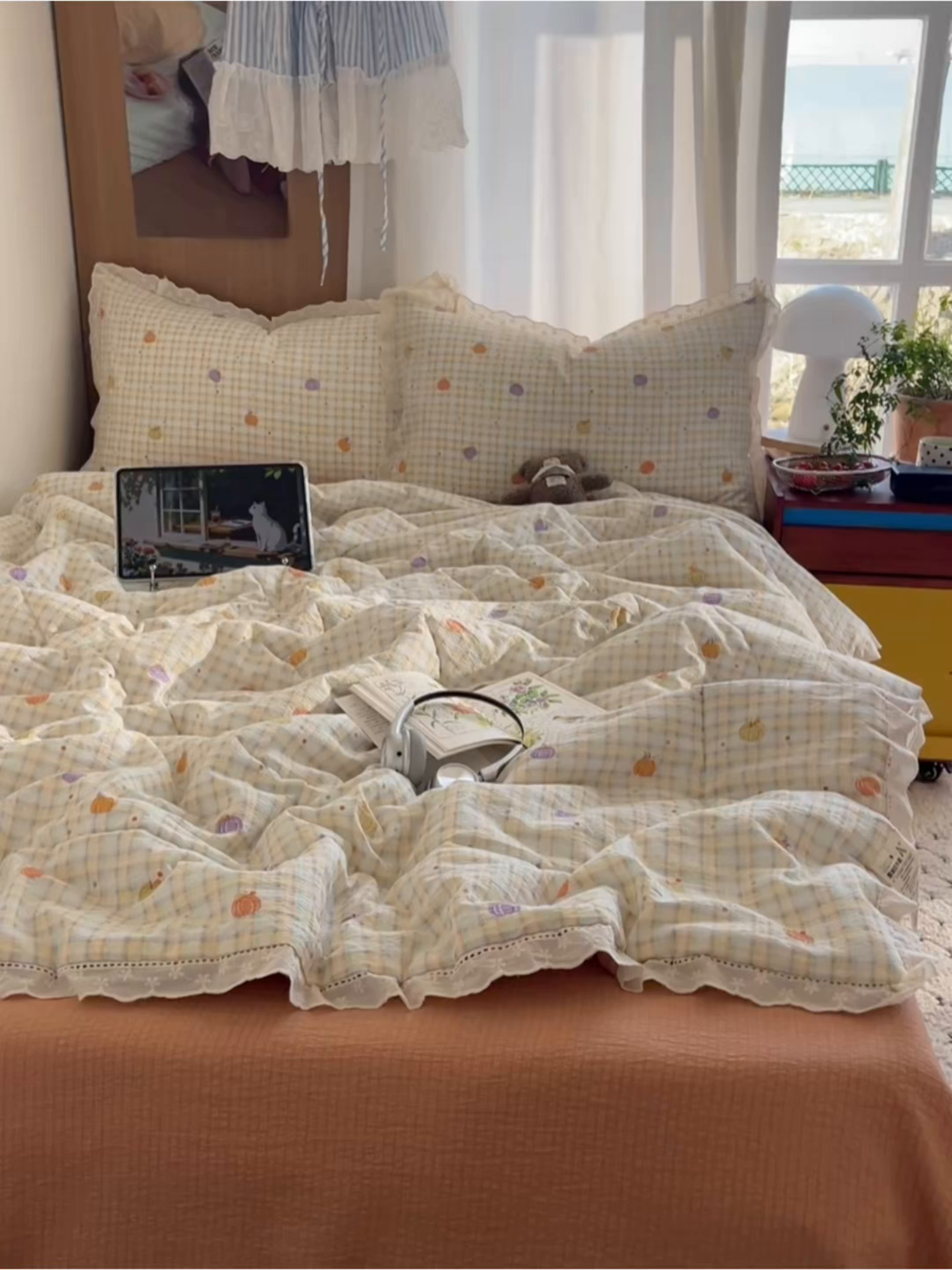 91家纺网 家纺一手货源 找家纺 梵克保罗 2026春夏新款全棉纯棉花边皱皱纱单夏被夏凉被空调被夏被四件套 南瓜格