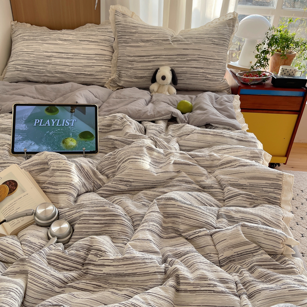 91家纺网 家纺一手货源 找家纺 梵克保罗 2026春夏新款全棉纯棉花边皱皱纱单夏被夏凉被空调被夏被四件套 素锦纹