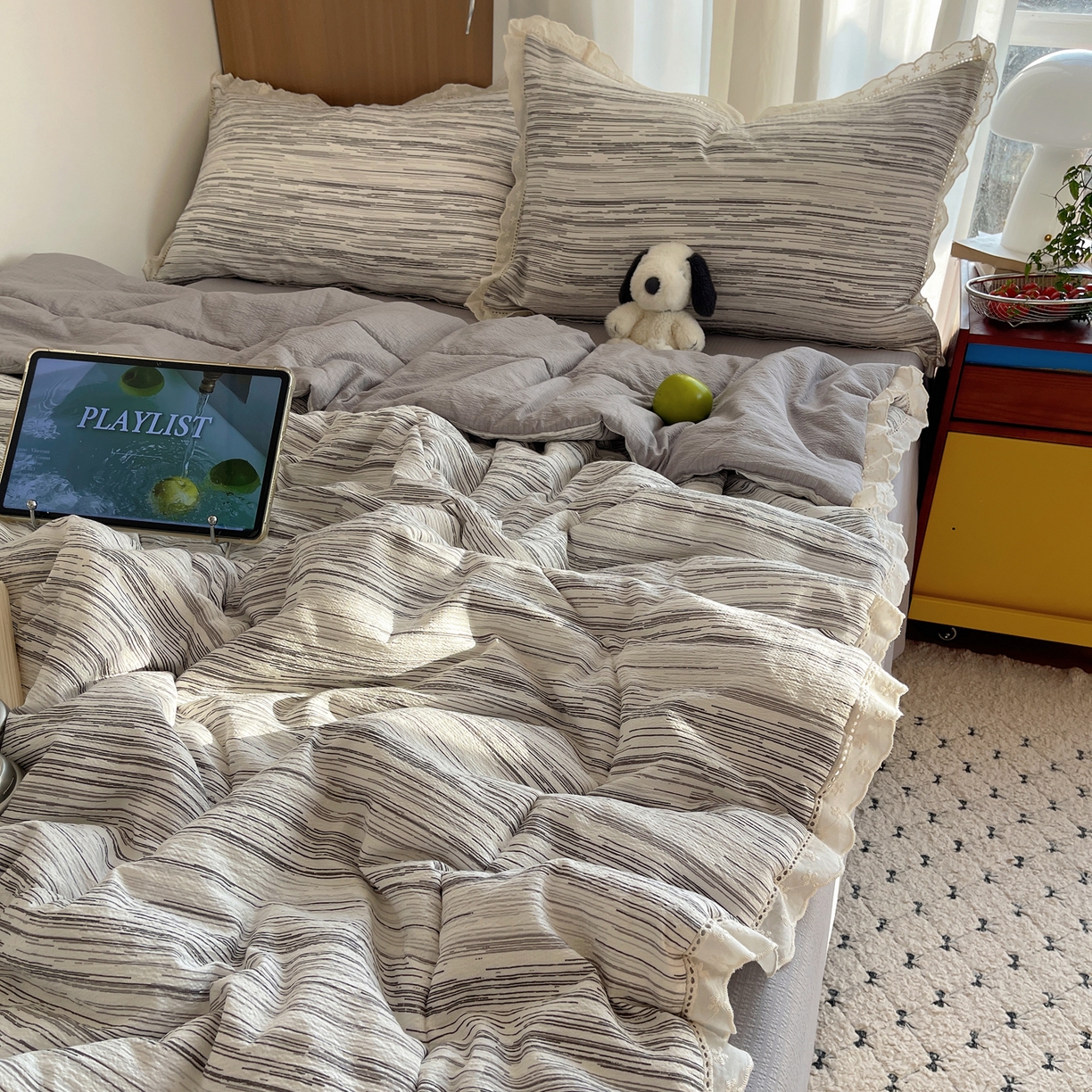 91家纺网 家纺一手货源 找家纺 梵克保罗 2026春夏新款全棉纯棉花边皱皱纱单夏被夏凉被空调被夏被四件套 素锦纹