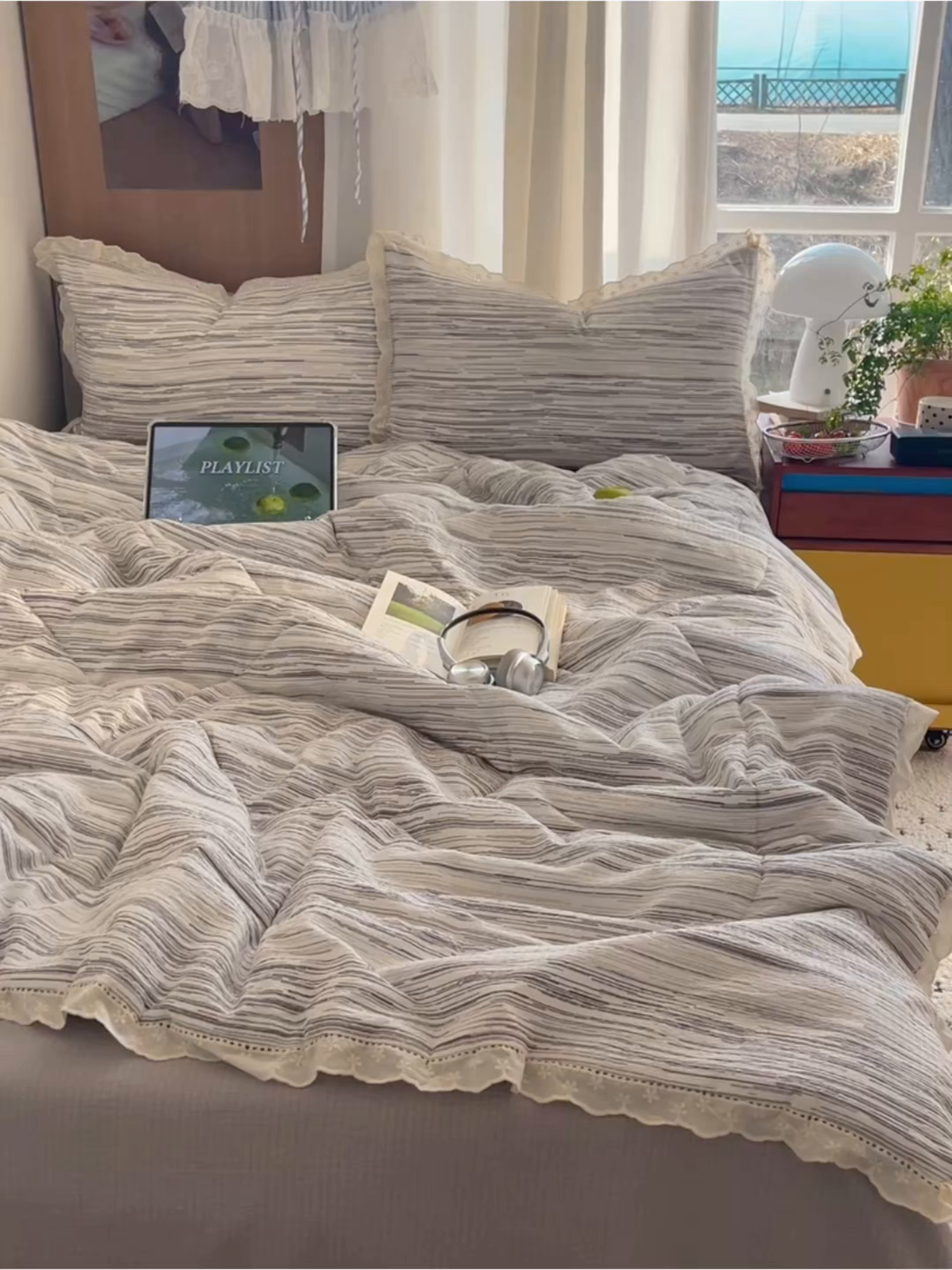 91家纺网 家纺一手货源 找家纺 梵克保罗 2026春夏新款全棉纯棉花边皱皱纱单夏被夏凉被空调被夏被四件套 素锦纹