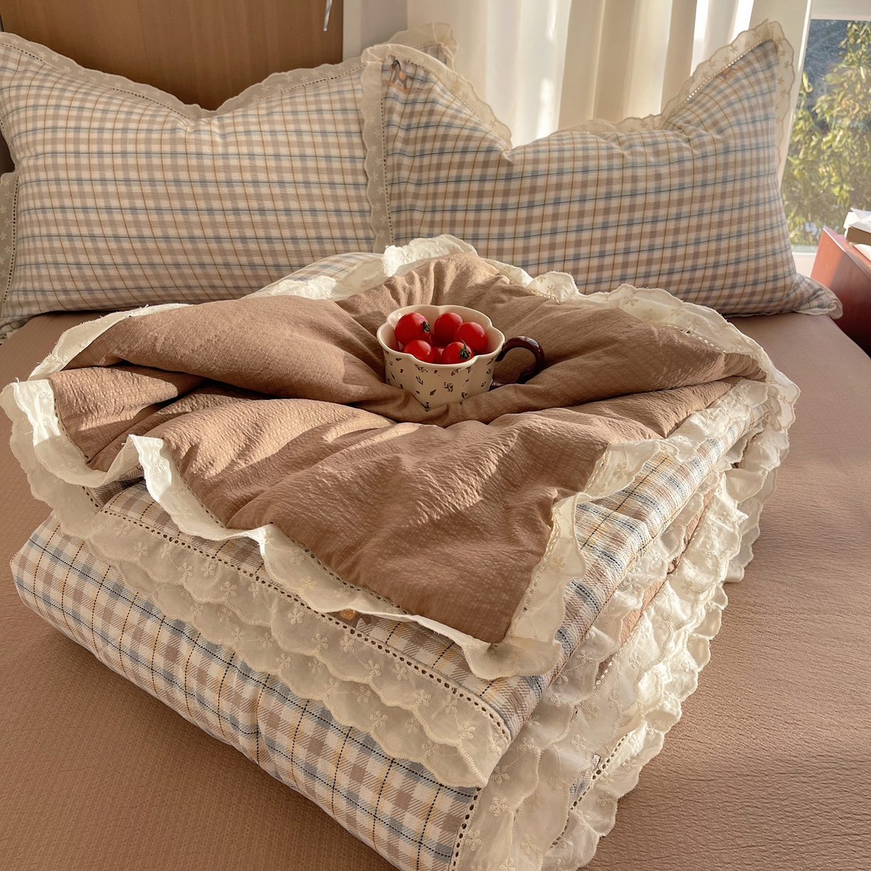 91家纺网 家纺一手货源 找家纺 梵克保罗 2026春夏新款全棉纯棉花边皱皱纱单夏被夏凉被空调被夏被四件套 雾格马