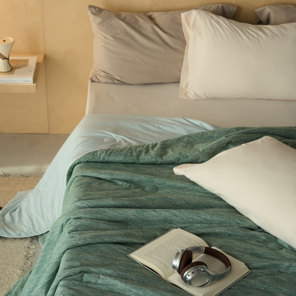 91家纺网 家纺一手货源 找家纺 华超针织 2026新款全棉针织拼锦氨凉感夏被空调被夏凉被 纯棉拼凉感 段彩薄荷绿