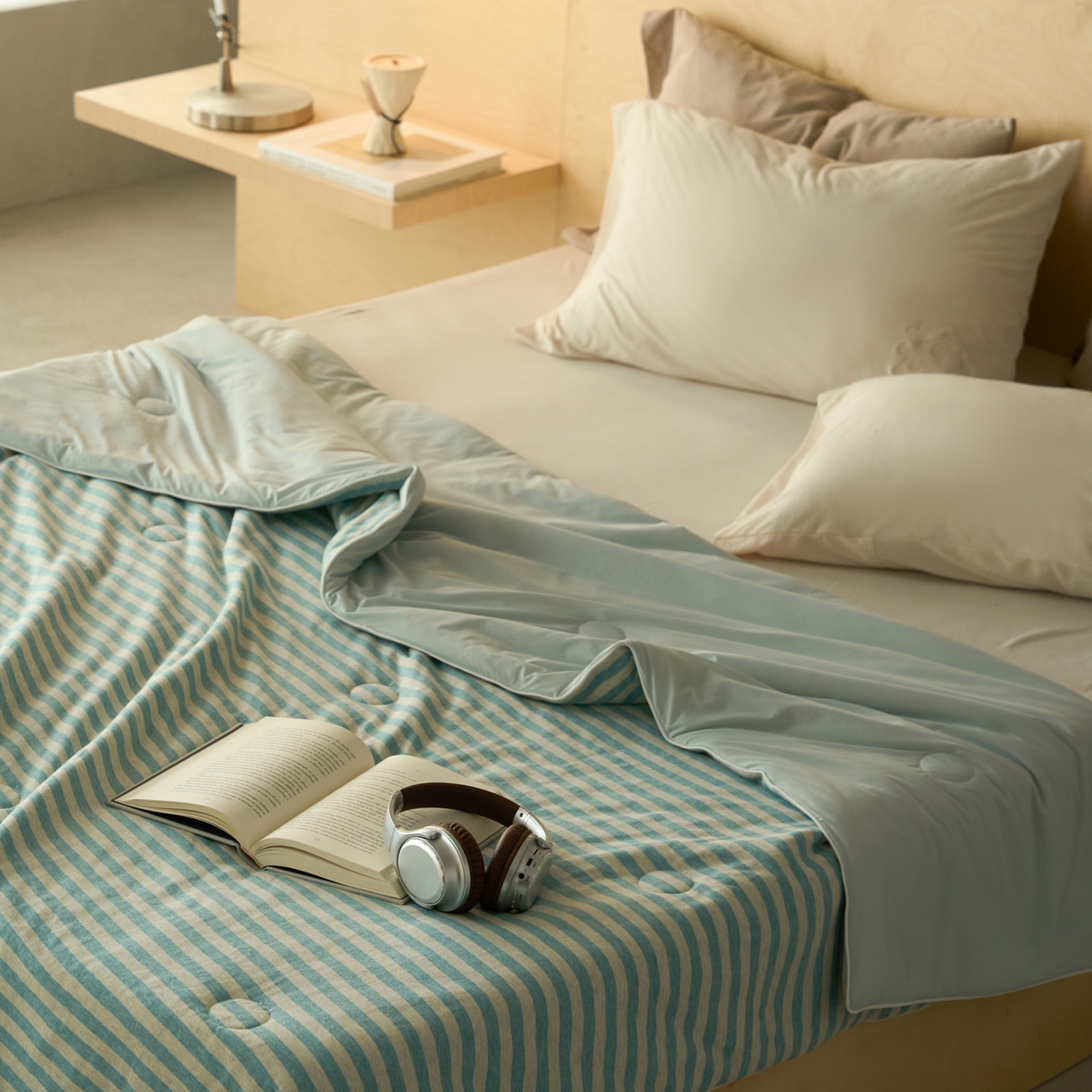 91家纺网 家纺一手货源 找家纺 华超针织 2026新款全棉针织拼锦氨凉感夏被空调被夏凉被 纯棉拼凉感 水蓝