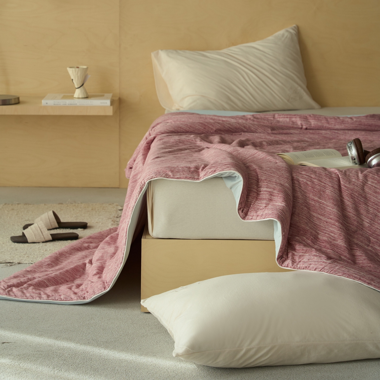 91家纺网 家纺一手货源 找家纺 华超针织 2026新款全棉针织拼锦氨凉感夏被空调被夏凉被 纯棉拼凉感 段彩豆沙