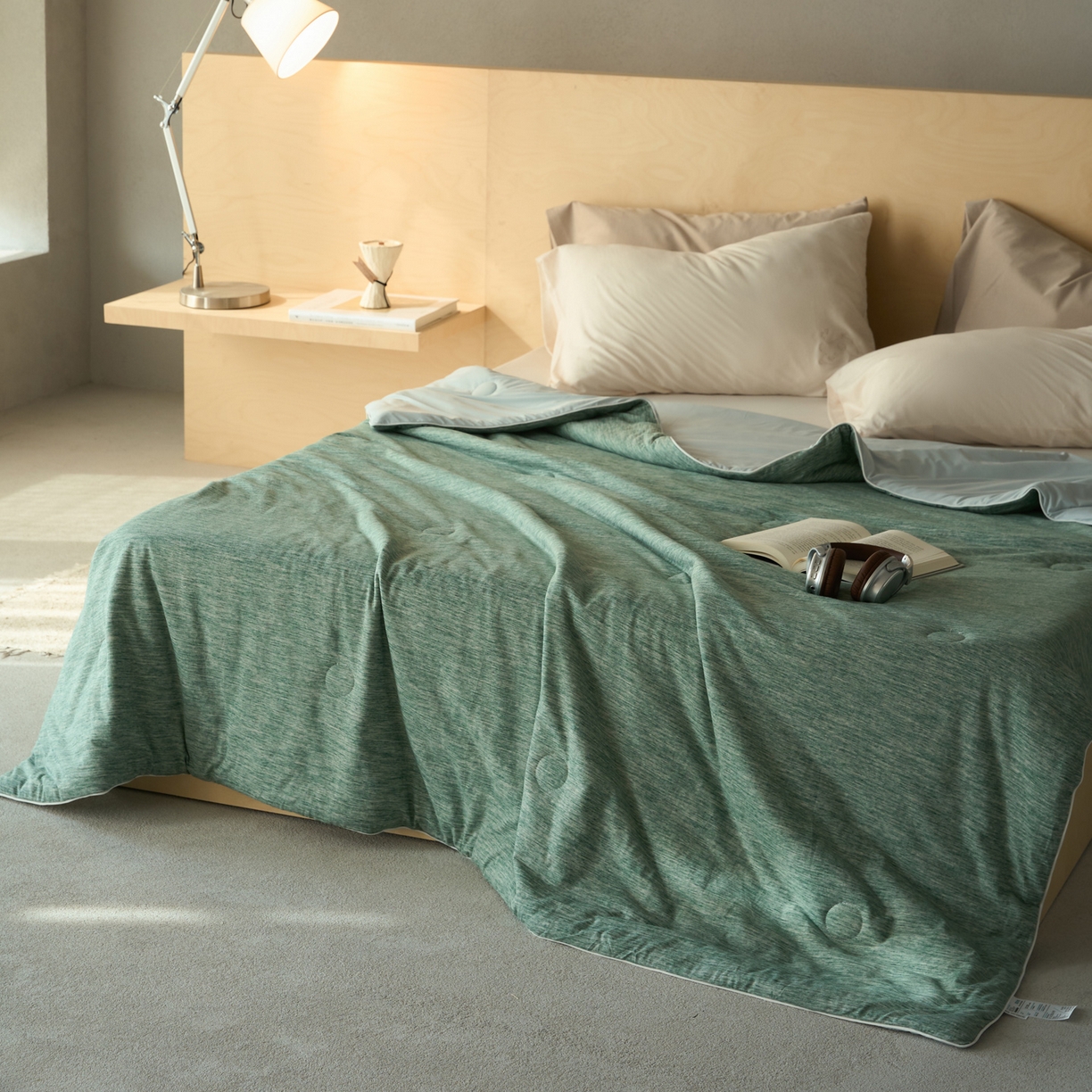 91家纺网 家纺一手货源 找家纺 华超针织 2026新款全棉针织拼锦氨凉感夏被空调被夏凉被 纯棉拼凉感 段彩薄荷绿