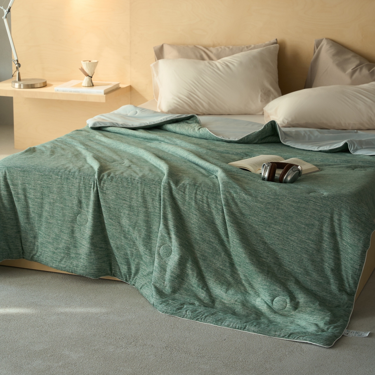 91家纺网 家纺一手货源 找家纺 华超针织 2026新款全棉针织拼锦氨凉感夏被空调被夏凉被 纯棉拼凉感 段彩薄荷绿