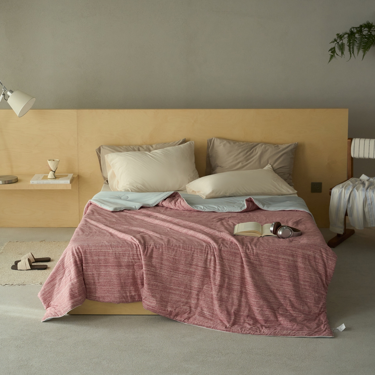 91家纺网 家纺一手货源 找家纺 华超针织 2026新款全棉针织拼锦氨凉感夏被空调被夏凉被 纯棉拼凉感 段彩豆沙