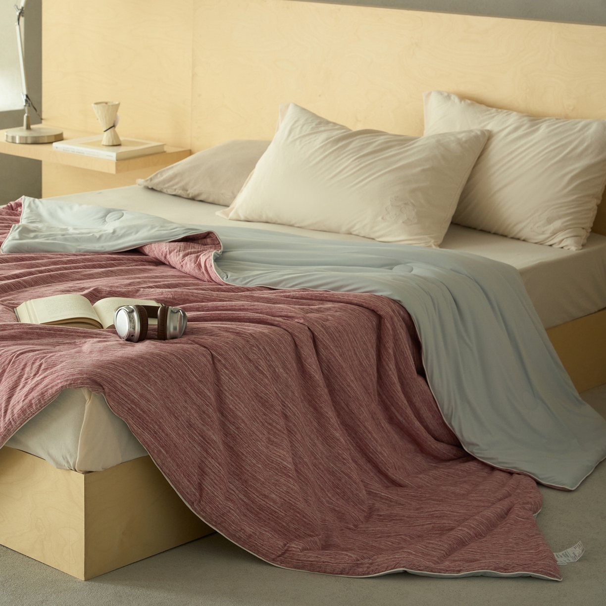 91家纺网 家纺一手货源 找家纺 华超针织 2026新款全棉针织拼锦氨凉感夏被空调被夏凉被 纯棉拼凉感 段彩豆沙