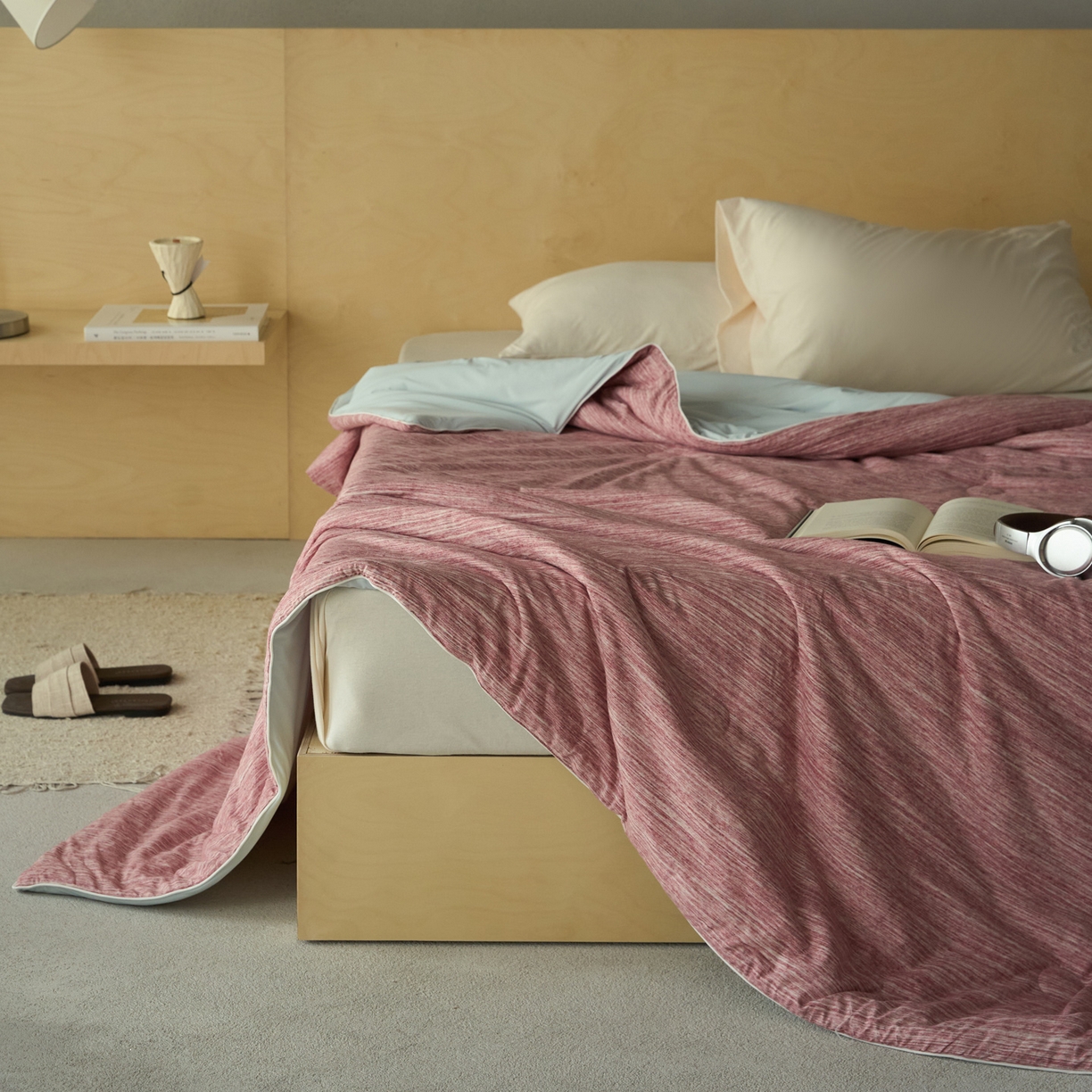 91家纺网 家纺一手货源 找家纺 华超针织 2026新款全棉针织拼锦氨凉感夏被空调被夏凉被 纯棉拼凉感 段彩豆沙