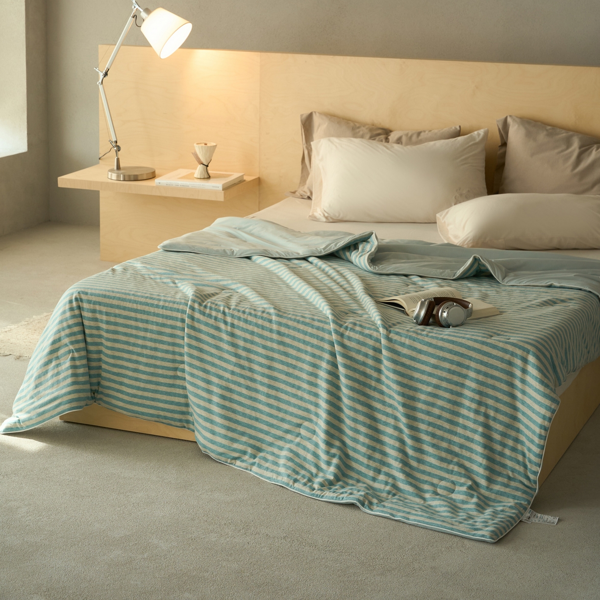 91家纺网 家纺一手货源 找家纺 华超针织 2026新款全棉针织拼锦氨凉感夏被空调被夏凉被 纯棉拼凉感 水蓝