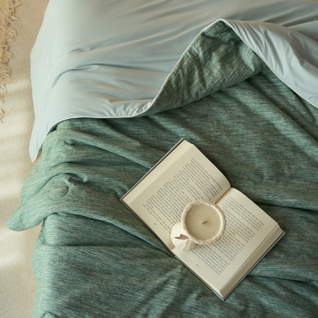 91家纺网 家纺一手货源 找家纺 华超针织 2026新款全棉针织拼锦氨凉感夏被空调被夏凉被 纯棉拼凉感 段彩薄荷绿