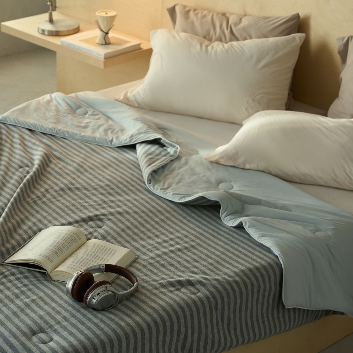 91家纺网 家纺一手货源 找家纺 华超针织 2026新款全棉针织拼锦氨凉感夏被空调被夏凉被 纯棉拼凉感 雅灰