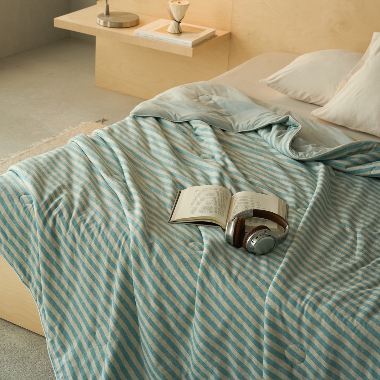 91家纺网 家纺一手货源 找家纺 华超针织 2026新款全棉针织拼锦氨凉感夏被空调被夏凉被 纯棉拼凉感 水蓝