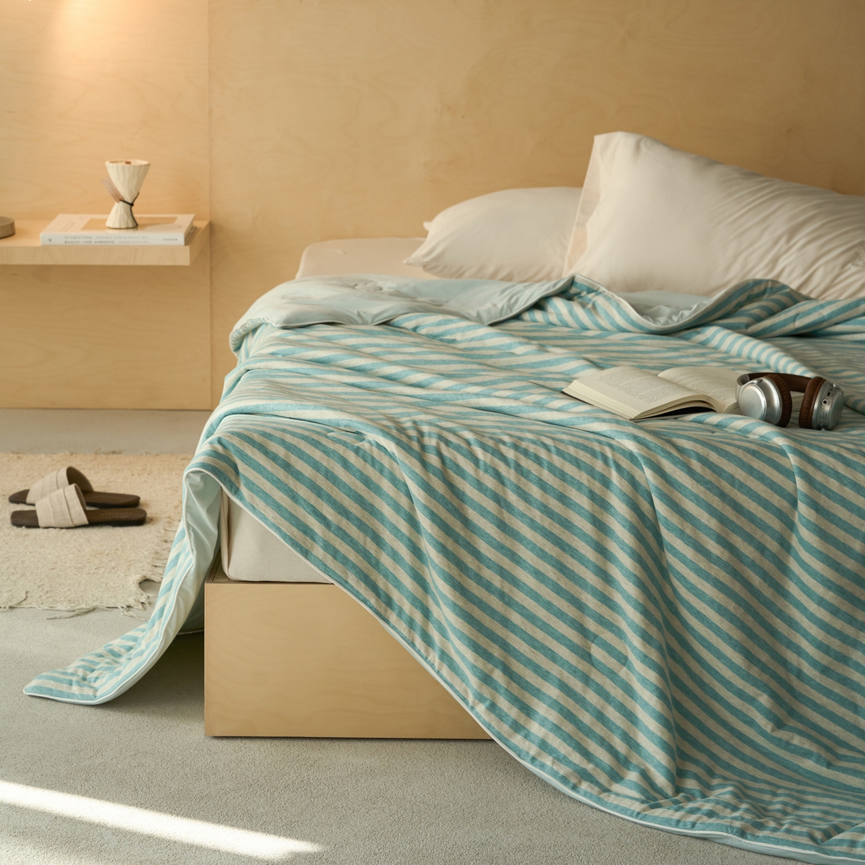 91家纺网 家纺一手货源 找家纺 华超针织 2026新款全棉针织拼锦氨凉感夏被空调被夏凉被 纯棉拼凉感 水蓝