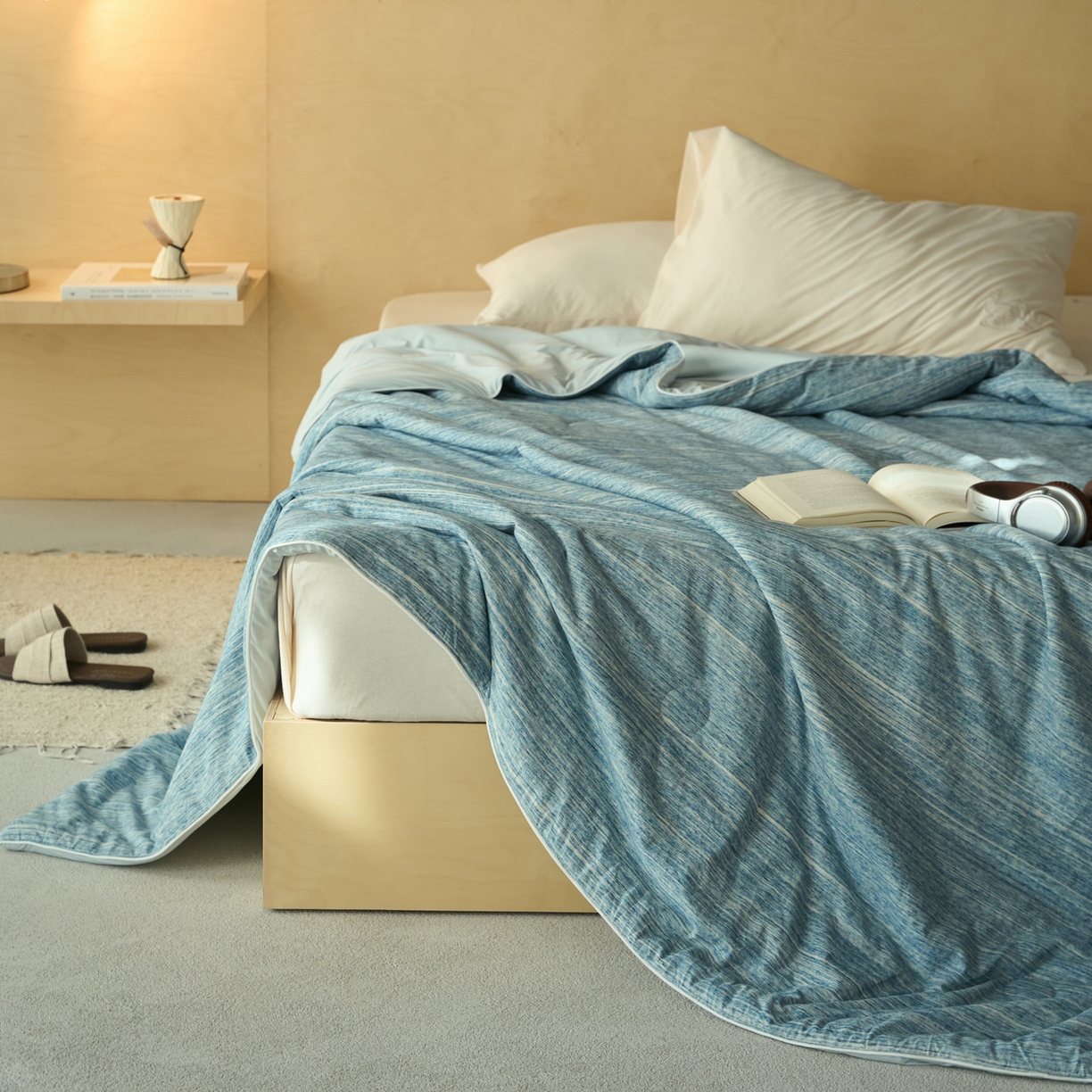 91家纺网 家纺一手货源 找家纺 华超针织 2026新款全棉针织拼锦氨凉感夏被空调被夏凉被 纯棉拼凉感 段彩雾兰