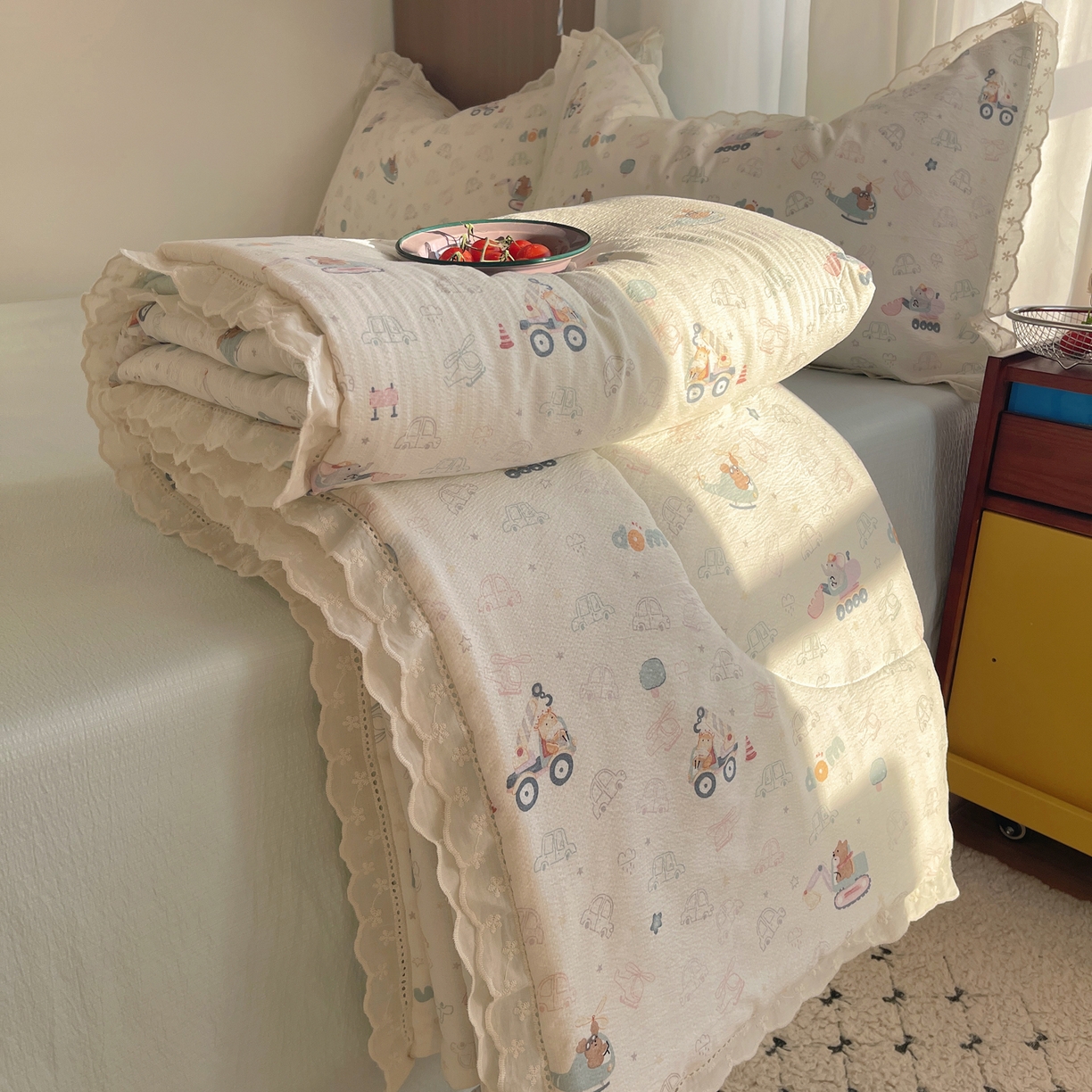 梵克保罗 2026春夏新款全棉纯棉花边皱皱纱单夏被夏凉被空调被夏被四件套 象车乐园