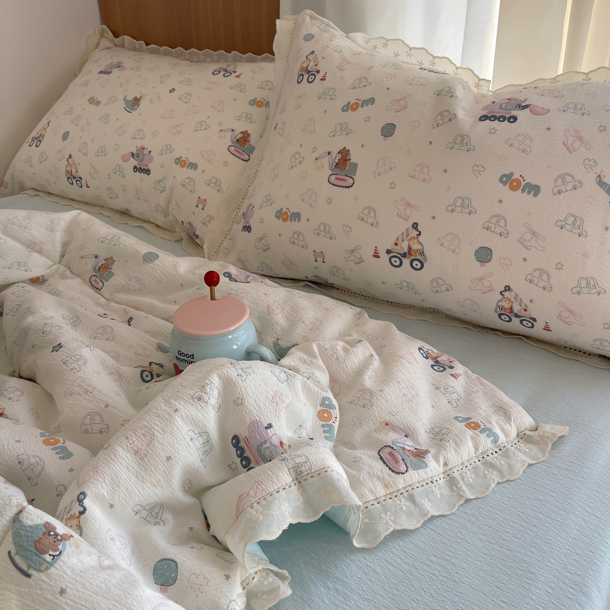 91家纺网 家纺一手货源 找家纺 梵克保罗 2026春夏新款全棉纯棉花边皱皱纱单夏被夏凉被空调被夏被四件套 象车乐园