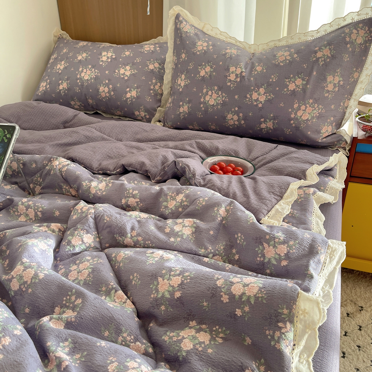 91家纺网 家纺一手货源 找家纺 梵克保罗 2026春夏新款全棉纯棉花边皱皱纱单夏被夏凉被空调被夏被四件套 樱络紫