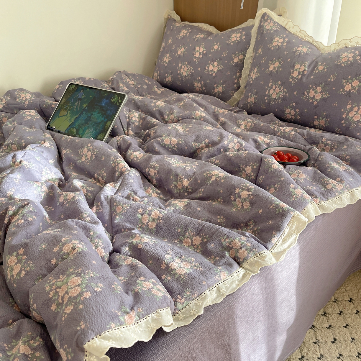 91家纺网 家纺一手货源 找家纺 梵克保罗 2026春夏新款全棉纯棉花边皱皱纱单夏被夏凉被空调被夏被四件套 樱络紫