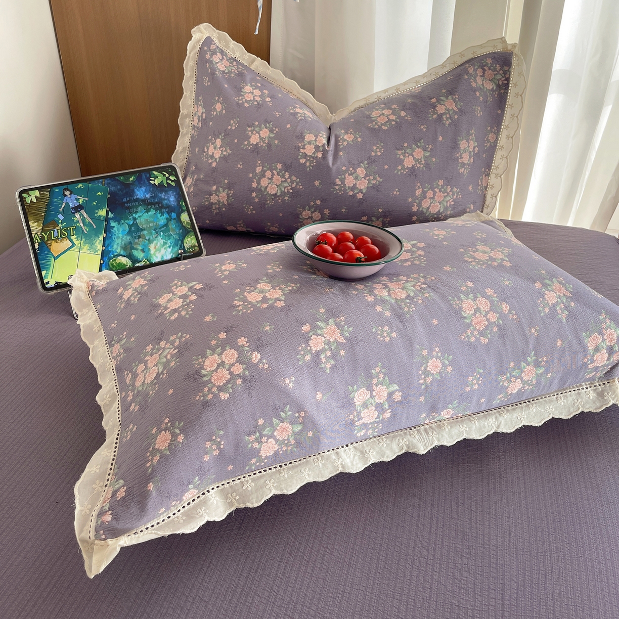 91家纺网 家纺一手货源 找家纺 梵克保罗 2026春夏新款全棉纯棉花边皱皱纱单夏被夏凉被空调被夏被四件套 樱络紫