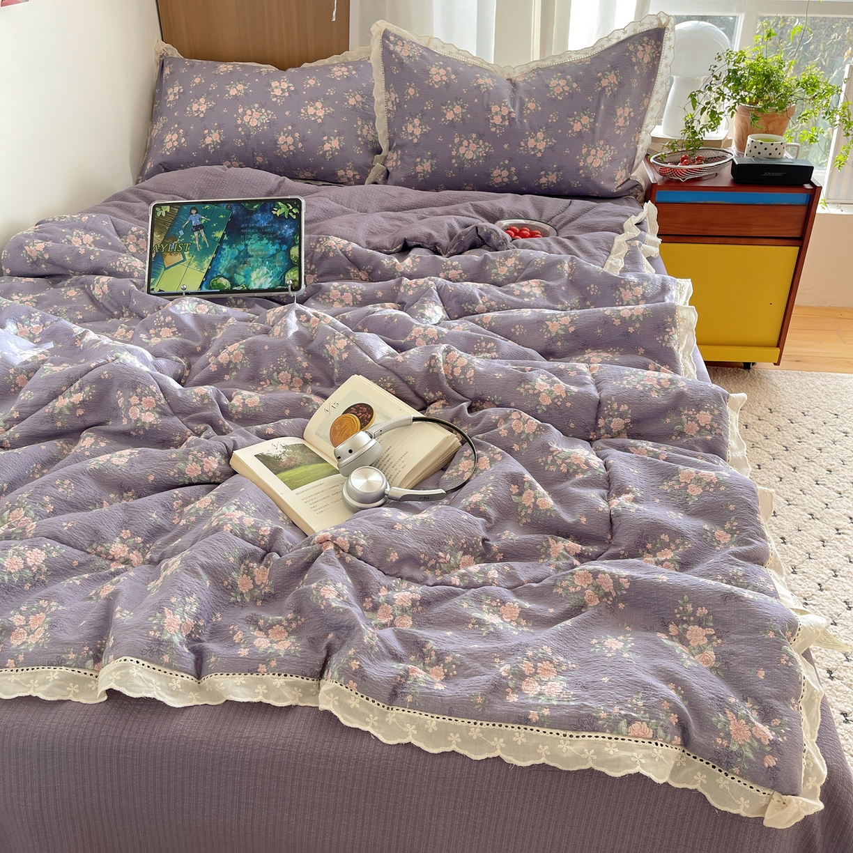 91家纺网 家纺一手货源 找家纺 梵克保罗 2026春夏新款全棉纯棉花边皱皱纱单夏被夏凉被空调被夏被四件套 樱络紫