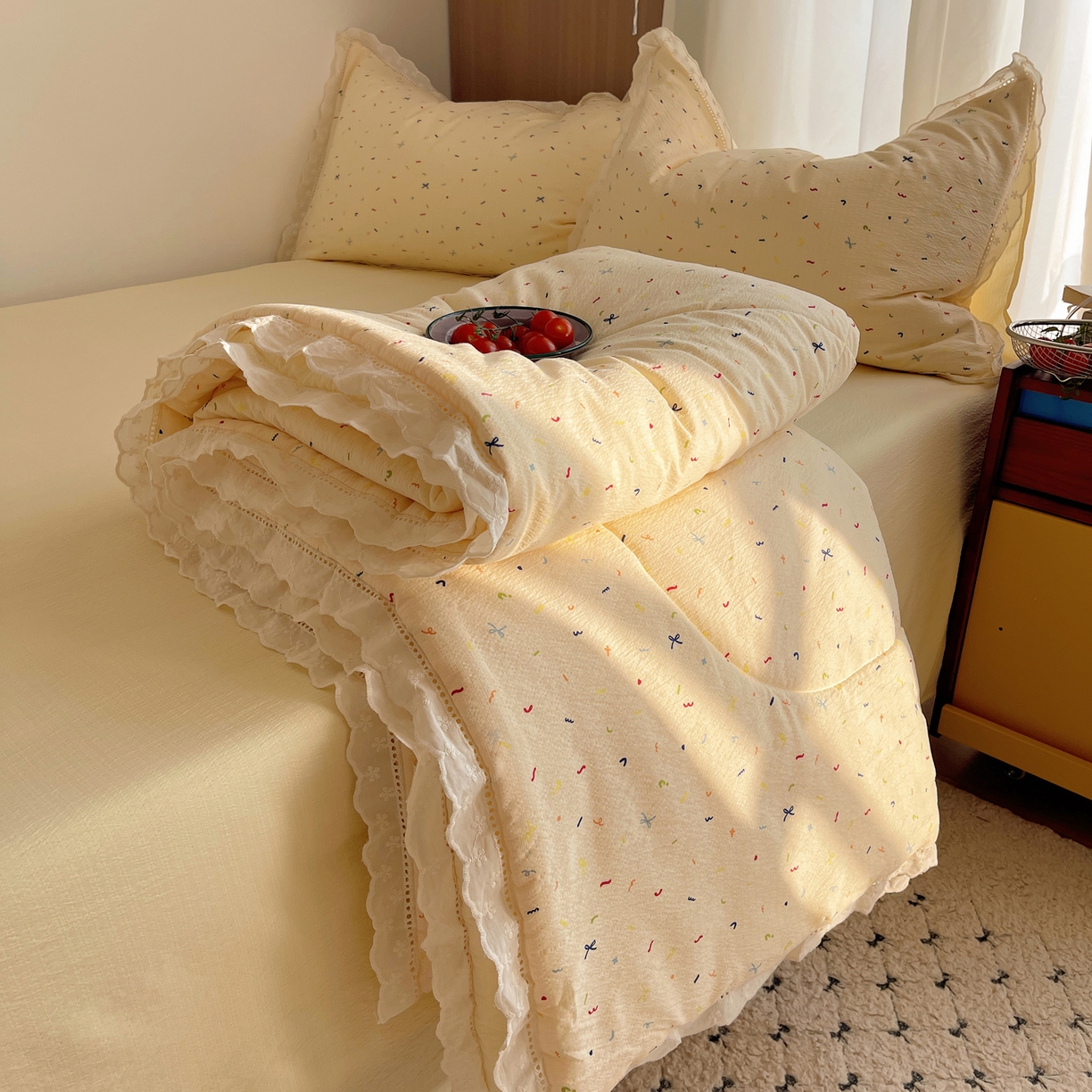 梵克保罗 2026春夏新款全棉纯棉花边皱皱纱单夏被夏凉被空调被夏被四件套 元气点