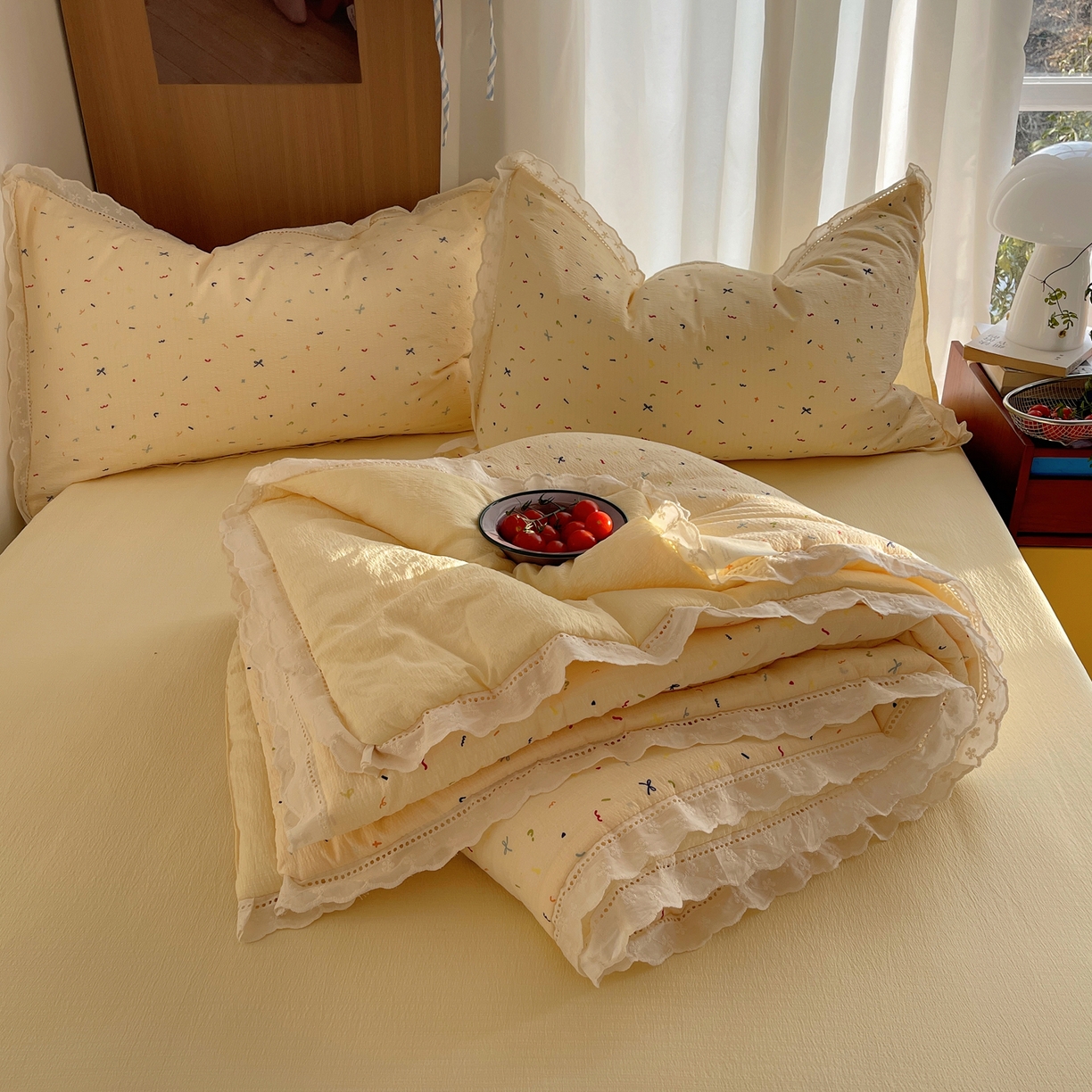 91家纺网 家纺一手货源 找家纺 梵克保罗 2026春夏新款全棉纯棉花边皱皱纱单夏被夏凉被空调被夏被四件套 元气点