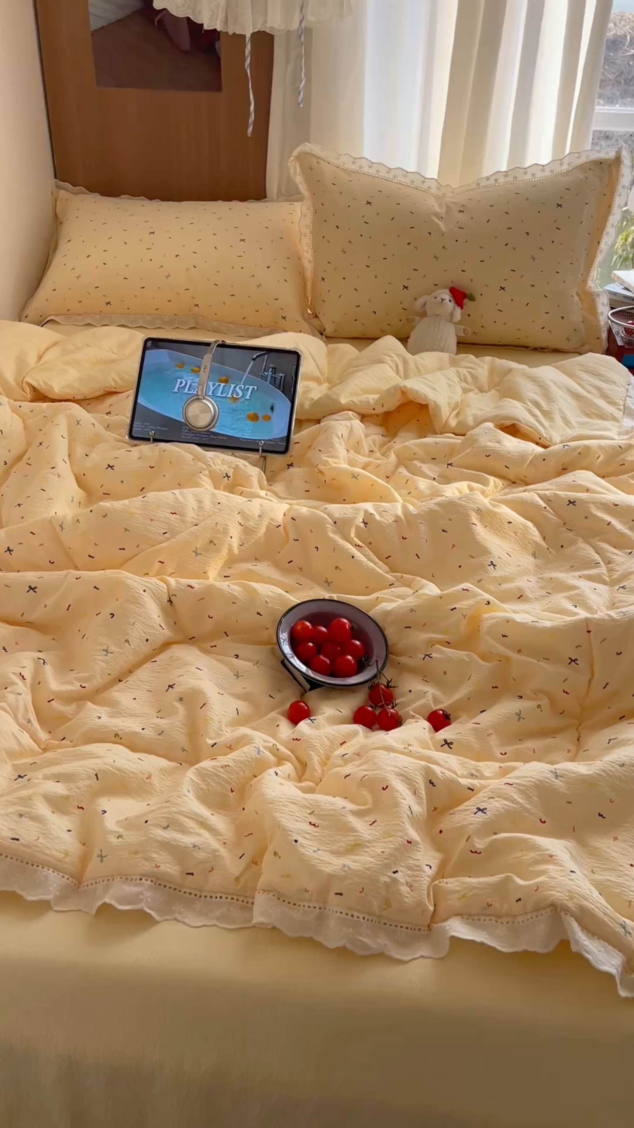 91家纺网 家纺一手货源 找家纺 梵克保罗 2026春夏新款全棉纯棉花边皱皱纱单夏被夏凉被空调被夏被四件套 元气点