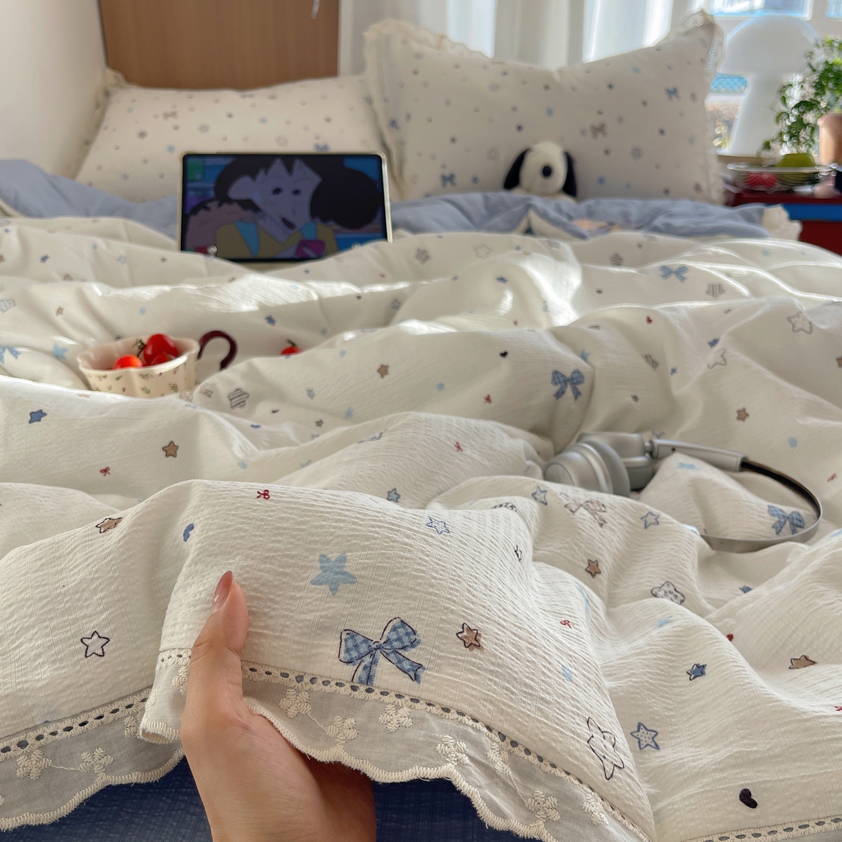 91家纺网 家纺一手货源 找家纺 梵克保罗 2026春夏新款全棉纯棉花边皱皱纱单夏被夏凉被空调被夏被四件套 云星结