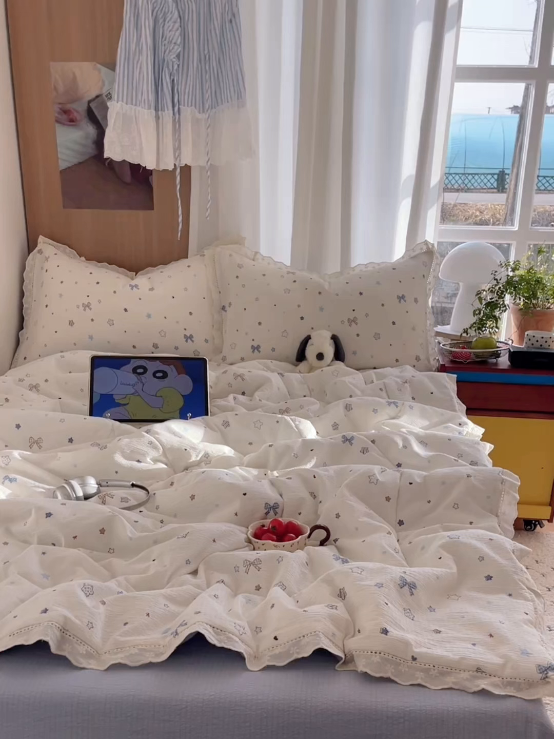 91家纺网 家纺一手货源 找家纺 梵克保罗 2026春夏新款全棉纯棉花边皱皱纱单夏被夏凉被空调被夏被四件套 云星结
